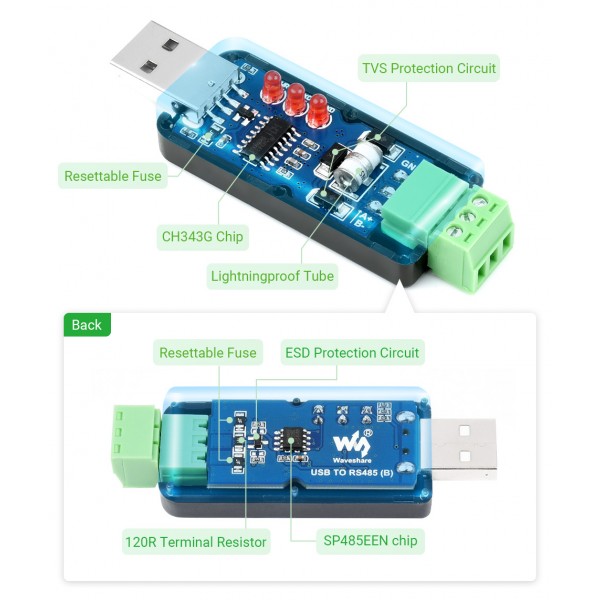 Industrial USB TO RS485 Bidirectional Converter, Onboard original CH343G, Multi-Protection Circuits 